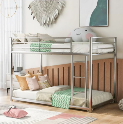 Jump Into Fun Bunk Bed Twin over Twin, Metal Bunk Bed with 42 Sturdy Slats, Safety Guard Rail & Ladder, Low Bunk Bed for Kids Teens Adults, Hold 600lb Bunk Bed for Guest Room, Noise Free, Silver