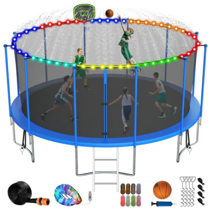 Jump Into Fun Trampoline 16FT, 1500LBS Trampoline for Adults/10 Kids, Outdoor Trampoline with Enclosure, Basketball Hoop, LED Lights, Sprinkler, Socks and Wind Stakes, Blue
