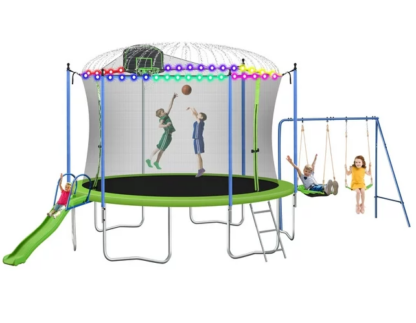 Jump Into Fun Trampoline 12FT 14FT for Kids/Adults, Trampoline with Enclosure, Swing, Slide, Basketball Hoop, LED Light, Sprinkler, Outdoor Recreational Trampolines for Backyard Capacity 5-8 Kids