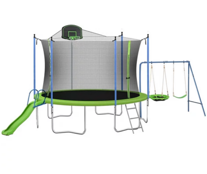Jump Into Fun 1000 LBS 12FT Trampoline for Adults, Capacity 6-7Kids, Recreational Trampoline with Safety Enclosure Net, Slide, Basketball Hoop, Metal Swing, Outdoor Trampoline for Family Happy Time