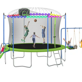 Jump Into Fun Trampoline 12FT 14FT for Kids/Adults, Trampoline with Enclosure, Swing, Slide, Basketball Hoop, LED Light, Sprinkler, Outdoor Recreational Trampolines for Backyard Capacity 5-8 Kids