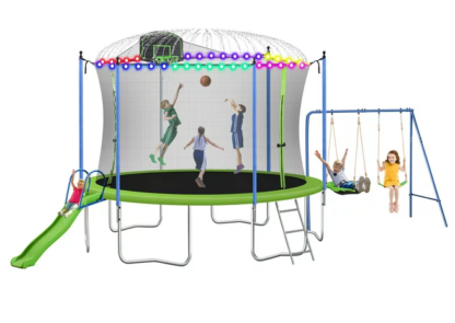 Jump Into Fun Trampoline 12FT 14FT for Kids/Adults, Trampoline with Enclosure, Swing, Slide, Basketball Hoop, LED Light, Sprinkler, Outdoor Recreational Trampolines for Backyard Capacity 5-8 Kids