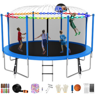 Jump Into Fun Trampoline 14FT 1400LBS for Adults/7-8 Kids, Outdoor Trampolines with Enclosure, Basketball Hoop, Light, Sprinkler, Socks, Wind Stakes, Heavy Duty Recreational Trampoline