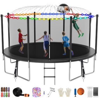 Jump Into Fun Trampoline 14FT 1400LBS for Adults/7-8 Kids, Outdoor Trampolines with Enclosure, Basketball Hoop, Light, Sprinkler, Socks, Wind Stakes, Heavy Duty Recreational Trampoline
