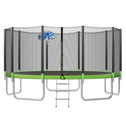 Jump Into Fun Trampoline 15FT 1400LBS for 3-4 Adults/7-8 Kids, Trampoline with Safety Enclosure Net, Basketball Hoop and Ladder, Round Outdoor Recreational Trampoline