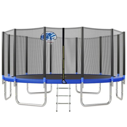 Jump Into Fun Trampoline 16FT 1500LBS for 4-5 Adults/8-10 Kids, Trampoline with Safety Enclosure Net, Basketball Hoop and Ladder, Round Outdoor Recreational Trampoline