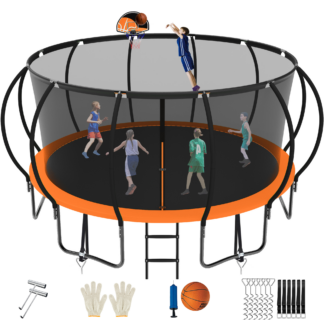 Jump Into Fun Trampoline 16FT, 1500LBS Trampoline for 4-6 Adults or 10 Kids, Trampoline with Enclosure, Basketball Hoop, Wind Stakes & Ladder, Recreational Outdoor Spray Galvanized Trampoline, Orange