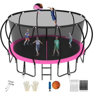 Jump Into Fun Trampoline 16FT, 1500LBS Trampoline for 4-6 Adults or 10 Kids, Trampoline with Enclosure, Basketball Hoop, Wind Stakes & Ladder, Recreational Outdoor Spray Galvanized Trampoline, Pink