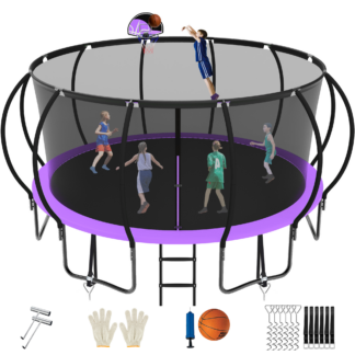 Jump Into Fun Trampoline 16FT, 1500LBS Trampoline for 4-6 Adults or 10 Kids, Trampoline with Enclosure, Basketball Hoop, Wind Stakes & Ladder, Recreational Outdoor Spray Galvanized Trampoline, Purple