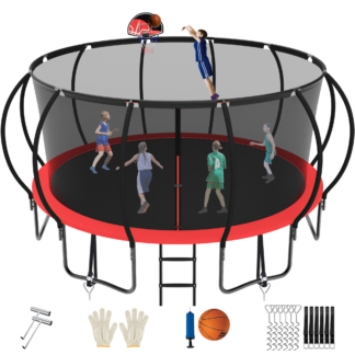 Jump Into Fun Trampoline 16FT, 1500LBS Trampoline for 4-6 Adults or 10 Kids, Trampoline with Enclosure, Basketball Hoop, Wind Stakes & Ladder, Recreational Outdoor Spray Galvanized Trampoline, Red