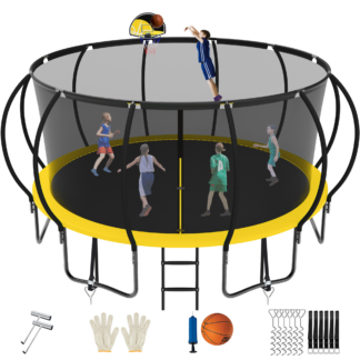 Jump Into Fun Trampoline 16FT, 1500LBS Trampoline for 4-6 Adults or 10 Kids, Trampoline with Enclosure, Basketball Hoop, Wind Stakes & Ladder, Recreational Outdoor Spray Galvanized Trampoline, Yellow