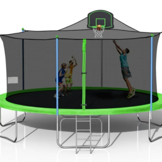 Jump Into Fun 16 FT Trampoline for Adults and Kids, Outdoor Trampoline with Basketball Hoop, Enclosure, Waterproof Mat and Ladder, Fitness Trampoline for Backyard for 8-9 Kids