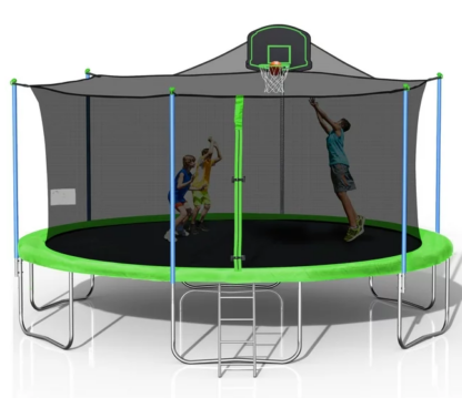 Jump Into Fun 16 FT Trampoline for Adults and Kids, Outdoor Trampoline with Basketball Hoop, Enclosure, Waterproof Mat and Ladder, Fitness Trampoline for Backyard for 8-9 Kids
