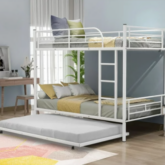 Jump Into Fun Bunk Bed Twin over Twin, Metal Bunk Bed for Kids Teens Adults Convertible into 2 Bed with Trundle, 42 Sturdy Slats, Guard Rail & Ladder, Hold 600lb for Guest Room, Noise Free, White