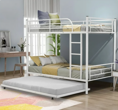 Jump Into Fun Bunk Bed Twin over Twin, Metal Bunk Bed for Kids Teens Adults Convertible into 2 Bed with Trundle, 42 Sturdy Slats, Guard Rail & Ladder, Hold 600lb for Guest Room, Noise Free, White