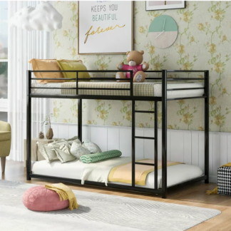 Jump Into Fun Bunk Bed Twin over Twin, Metal Bunk Bed with 42 Sturdy Slats, Safety Guard Rail & Ladder, Low Bunk Bed for Kids Teens Adults, Hold 600lb Bunk Bed for Guest Room, Noise Free, Black