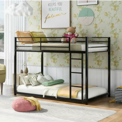 Jump Into Fun Bunk Bed Twin over Twin, Metal Bunk Bed with 42 Sturdy Slats, Safety Guard Rail & Ladder, Low Bunk Bed for Kids Teens Adults, Hold 600lb Bunk Bed for Guest Room, Noise Free, Black