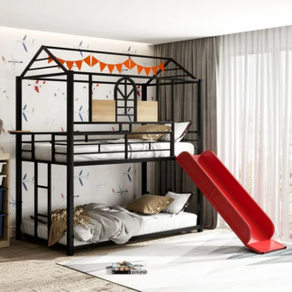 Jump Into Fun Bunk Bed with Slide, Twin over Twin Bunk Bed for Kids Adults, Metal Bunk Bed with Roof, Built-in Ladder and Safety Guardrails, Toddler Bunk Beds for Bedroom, Black&Red