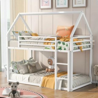 Jump Into Fun Bunk Bed, Twin over Twin Metal Bunk Bed for Kids Adults, House Bunk Bed with Roof, Ladder and Safety Guardrails, Low Bunk Beds Twin over Twin for Bedroom, Dormitory, White