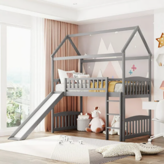 Jump Into Fun Loft Bed with Slide, Twin House Bed with Ladder and Full Safety Guardrails, Loft Bed with Roof for Kids Toddlers, Solid Wood Loft Bed for Bedroom, No Box Spring Needed - Gray