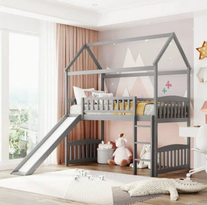 Jump Into Fun Loft Bed with Slide, Twin House Bed with Ladder and Full Safety Guardrails, Loft Bed with Roof for Kids Toddlers, Solid Wood Loft Bed for Bedroom, No Box Spring Needed - Gray