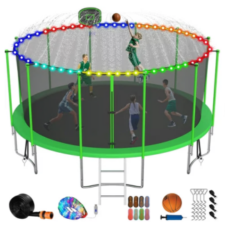 Jump Into Fun Trampoline 16FT, 1500LBS Trampoline for Adults/10 Kids, Outdoor Trampoline with Enclosure, Basketball Hoop, LED Lights, Sprinkler, Socks and Wind Stakes, Green
