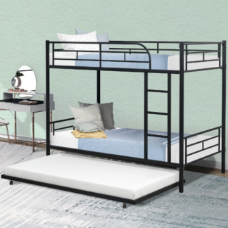 Jump Into Fun Bunk Bed Twin over Twin, Metal Bunk Bed for Kids Teens Adults Convertible into 2 Bed with Trundle, 42 Sturdy Slats, Guard Rail & Ladder, Hold 600lb for Guest Room, Noise Free, Black