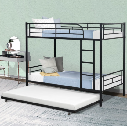 Jump Into Fun Bunk Bed Twin over Twin, Metal Bunk Bed for Kids Teens Adults Convertible into 2 Bed with Trundle, 42 Sturdy Slats, Guard Rail & Ladder, Hold 600lb for Guest Room, Noise Free, Black