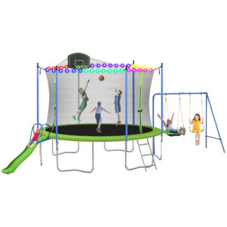 Jump Into Fun 14FT Trampoline with Swing and Slide, 1200LBS Capacity 7-9 Kids Trampoline for Adults/Kids, Outdoor Trampoline with Enclosure, Basketball Hoop and LED Light, Recreational Trampoline