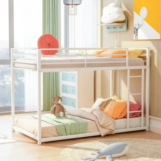 Jump Into Fun Bunk Bed Twin over Twin, Metal Bunk Bed with 42 Sturdy Slats, Safety Guard Rail & Ladder, Low Bunk Bed for Kids Teens Adults, Hold 600lb Bunk Bed for Guest Room, Noise Free, White