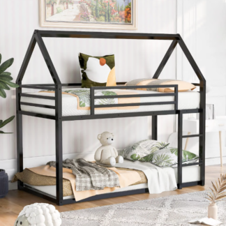 Jump Into Fun Bunk Bed, Twin over Twin Metal Bunk Bed for Kids Adults, House Bunk Bed with Roof, Ladder and Safety Guardrails, Low Bunk Beds Twin over Twin for Bedroom, Dormitory, Black