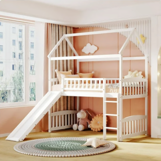 Jump Into Fun Loft Bed with Slide, Twin House Bed with Ladder and Full Safety Guardrails, Loft Bed with Roof for Kids Toddlers, Solid Wood Loft Bed for Bedroom, No Box Spring Needed - White
