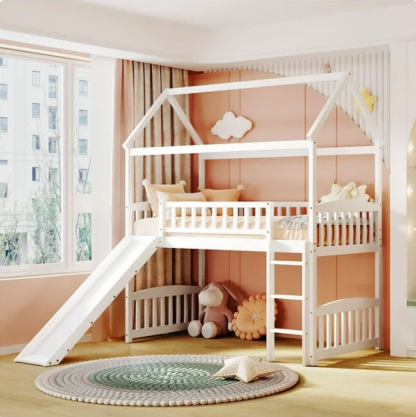 Jump Into Fun Loft Bed with Slide, Twin House Bed with Ladder and Full Safety Guardrails, Loft Bed with Roof for Kids Toddlers, Solid Wood Loft Bed for Bedroom, No Box Spring Needed - White