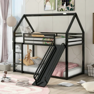 Jump Into Fun Bunk Bed, Twin over Twin Metal Bunk Bed with Slide, House Bunk Bed with Ladder and Safety Guardrails, Low Bunk Beds Twin over Twin for Kids, Slide Bunk Bed for Bedroom, Black
