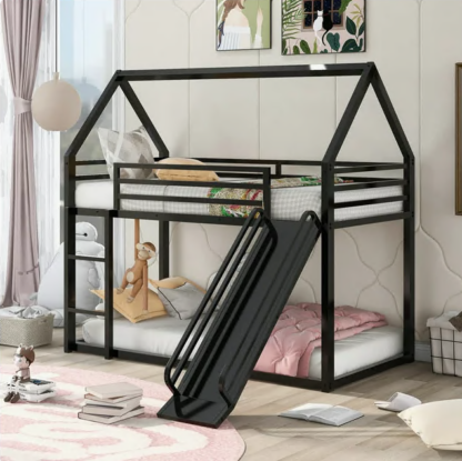 Jump Into Fun Bunk Bed, Twin over Twin Metal Bunk Bed with Slide, House Bunk Bed with Ladder and Safety Guardrails, Low Bunk Beds Twin over Twin for Kids, Slide Bunk Bed for Bedroom, Black