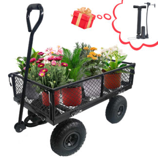 Jump Into Fun Garden Cart, Steel Wagon Cart with 10'' Tires, 650LBS Capacity Upgrade Folding Heavy Duty Utility Garden Cart, with Mesh Frame, Removable Sides, Yard Wagon Cart for Backyard, Black