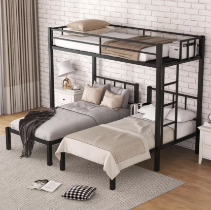 Jump Into Fun Triple Bunk Bed, Metal Twin over Twin and Twin Bunk Bed with Ladder, Full-Length Guardrail, 3 Beds Bunk Bed Can Convertible into 3 Twin Beds for Kids, Teens, Adults, Noise Free, Black
