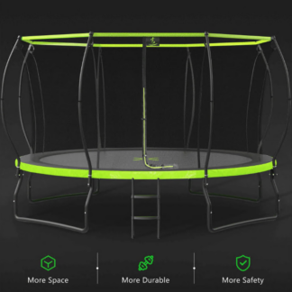 Jump Into Fun Trampoline 14FT, 1500LBS Trampoline with Enclosure, 8 Wind Stakes, Upgraded Arc Composite Pole, Capacity for 6-7 Kids or 2-3 Adults, Outdoor Trampoline No Gap Design