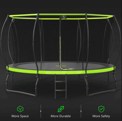 Jump Into Fun Trampoline 14FT, 1500LBS Trampoline with Enclosure, 8 Wind Stakes, Upgraded Arc Composite Pole, Capacity for 6-7 Kids or 2-3 Adults, Outdoor Trampoline No Gap Design