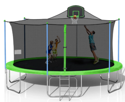 Jump Into Fun 16 FT Trampoline for Adults and Kids, Outdoor Trampoline with Basketball Hoop, Enclosure, Waterproof Mat and Ladder, Trampoline for Backyard for 8-9 Kids