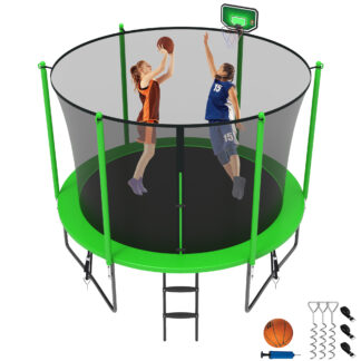 Jump Into Fun Trampoline 8 10 12 14 15 16FT, 1000LBS Trampoline for Kids, Trampolines with Enclosure, Basketball Hoop, Wind Stakes, Galvanized Anti-Rust Coating, Outdoor Recreational Trampoline