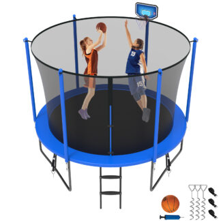 Jump Into Fun Trampoline 8 10 12 14 15 16FT, 1000LBS Trampoline for Kids, Trampolines with Enclosure, Basketball Hoop, Wind Stakes, Galvanized Anti-Rust Coating, Outdoor Recreational Trampoline