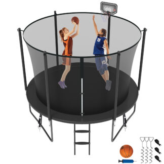 Jump Into Fun Trampoline 8 10 12 14 15 16FT, 1000LBS Trampoline for Kids, Trampolines with Enclosure, Basketball Hoop, Wind Stakes, Galvanized Anti-Rust Coating, Outdoor Recreational Trampoline
