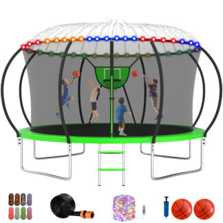 Jump Into Fun Trampoline 10FT 12FT 14FT 16FT, Trampoline with Enclosure, Basketball Hoop, 2 Balls, LED Light and More Gifts, 1200LBS Trampoline for 1-2 Adults/ 4-5 Kids, Outdoor Backyard Trampoline