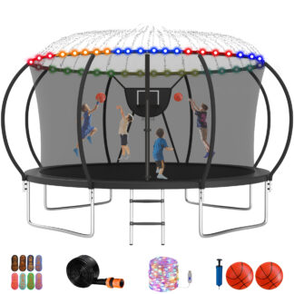 Jump Into Fun Trampoline 10FT 12FT 14FT 16FT, Trampoline with Enclosure, Basketball Hoop, 2 Balls, LED Light and More Gifts, 1200LBS Trampoline for 1-2 Adults/ 4-5 Kids, Outdoor Backyard Trampoline