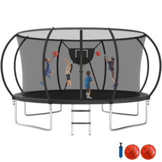 Jump Into Fun Trampoline 10FT 12FT 14FT 16FT, Trampoline with Enclosure, Basketball Hoop, 2 Balls and Ladder, 1200LBS Trampoline for 1-2 Adults/ 4-5 Kids, Outdoor No Gap Design Round Trampoline