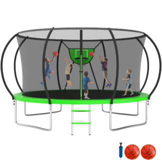 Jump Into Fun Trampoline 10FT 12FT 14FT 16FT, Trampoline with Enclosure, Basketball Hoop, 2 Balls and Ladder, 1200LBS Trampoline for 1-2 Adults/ 4-5 Kids, Outdoor No Gap Design Round Trampoline