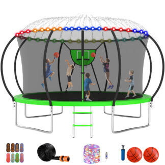 Jump Into Fun Trampoline 10FT 12FT 14FT 16FT, Trampoline with Enclosure, Basketball Hoop, 2 Balls, LED Light and More Gifts, 1400LBS Trampoline for 2-3 Adults/ 6-7 Kids, Outdoor Backyard Trampoline
