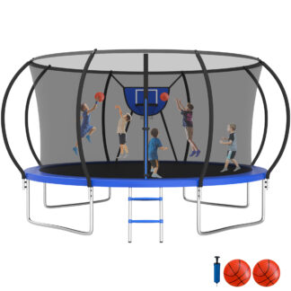 Jump Into Fun Trampoline 10FT 12FT 14FT 16FT, Trampoline with Enclosure, Basketball Hoop, 2 Balls and Ladder, 1200LBS Trampoline for 1-2 Adults/ 4-5 Kids, Outdoor No Gap Design Round Trampoline