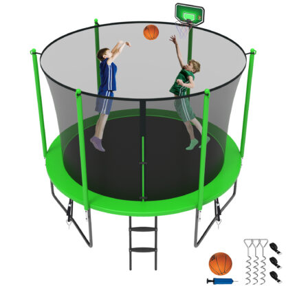 Jump Into Fun Trampoline 8 10 12 14 15 16FT, 800LBS Trampoline for Kids, Trampolines with Enclosure, Basketball Hoop, Wind Stakes, Galvanized Anti-Rust Coating, Outdoor Recreational Trampoline